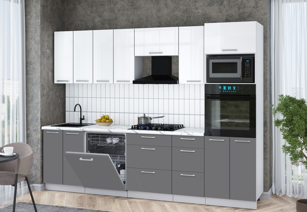 Изображение товара Кухонный гарнитур Интерлиния Мила Gloss 2.8-ПМ1 (серый/белый глянец/белый гранит)