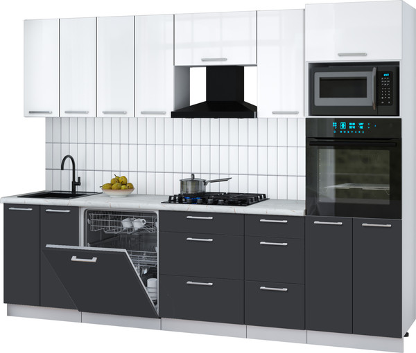 Изображение товара Кухонный гарнитур Интерлиния Мила Gloss 2.8-ПМ1 (пепел/белый глянец/серый каспий)