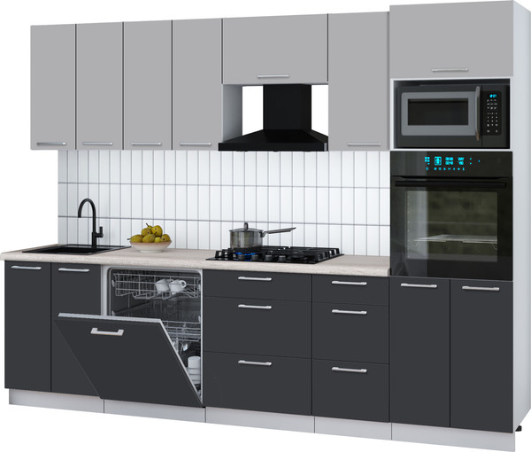 Изображение товара Кухонный гарнитур Интерлиния Мила Gloss 2.8-ПМ1 (пепел/грей/травертин серый)
