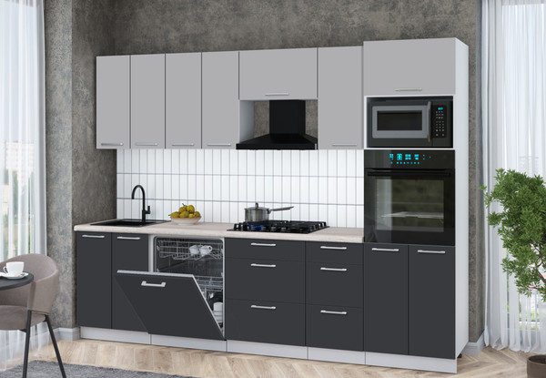 Изображение товара Кухонный гарнитур Интерлиния Мила Gloss 2.8-ПМ1 (пепел/грей/травертин серый)