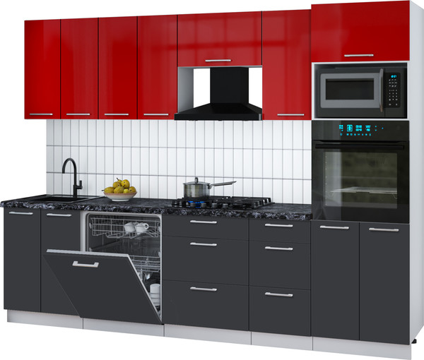 Изображение товара Кухонный гарнитур Интерлиния Мила Gloss 2.8-ПМ1 (пепел/красный глянец/кастилло темный)