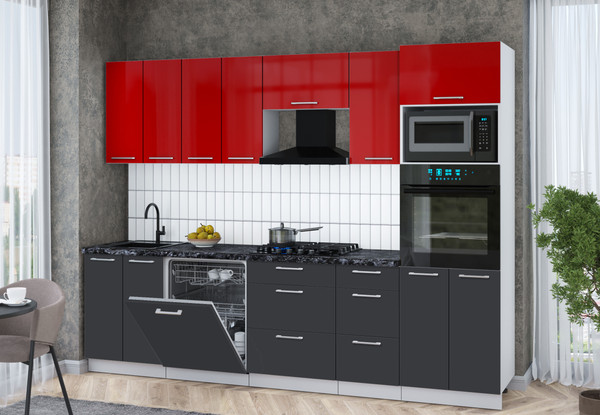 Изображение товара Кухонный гарнитур Интерлиния Мила Gloss 2.8-ПМ1 (пепел/красный глянец/кастилло темный)