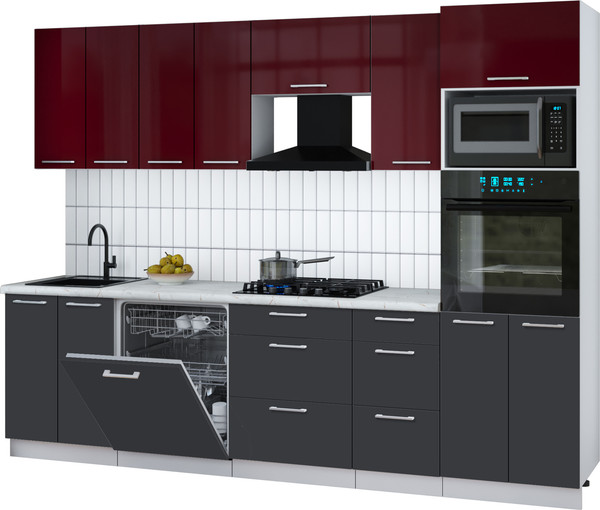 Изображение товара Кухонный гарнитур Интерлиния Мила Gloss 2.8-ПМ1 (пепел/бордовый глянец/серый каспий)