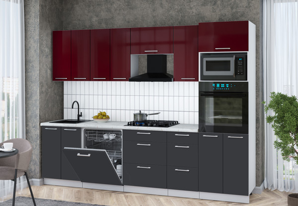 Изображение товара Кухонный гарнитур Интерлиния Мила Gloss 2.8-ПМ1 (пепел/бордовый глянец/серый каспий)