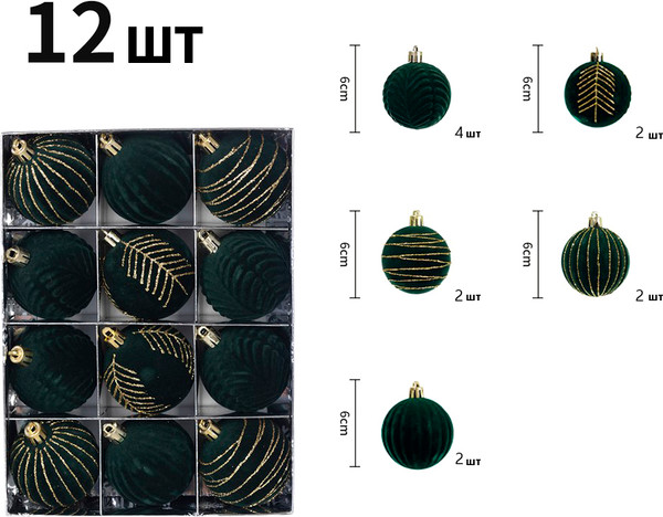 Изображение товара Набор шаров новогодних Winter Fun 6403000529E (12шт, темно-зеленый)