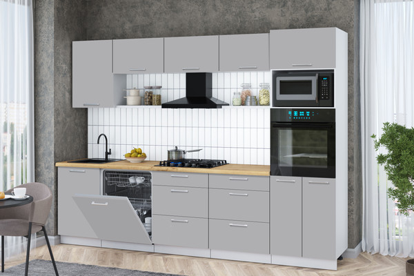 Изображение товара Кухонный гарнитур Интерлиния Мила Gloss 2.9-ПМ1 (грей/грей/дуб бунратти)