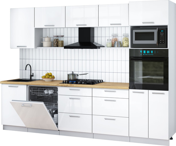 Изображение товара Кухонный гарнитур Интерлиния Мила Gloss 2.9-ПМ1 (белый глянец/белый глянец/дуб бунратти)