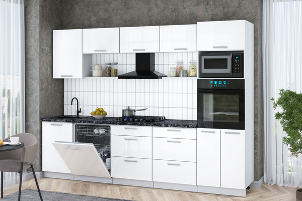 Изображение товара Кухонный гарнитур Интерлиния Мила Gloss 2.9-ПМ1 (белый глянец/белый глянец/кастилло темный)