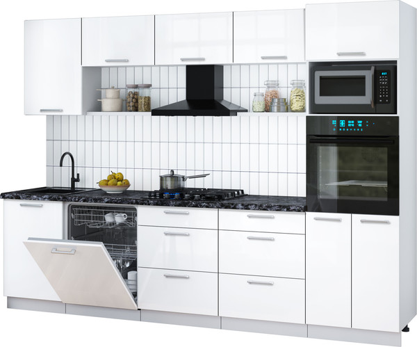 Изображение товара Кухонный гарнитур Интерлиния Мила Gloss 2.9-ПМ1 (белый глянец/белый глянец/кастилло темный)
