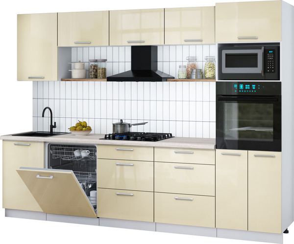 Изображение товара Кухонный гарнитур Интерлиния Мила Gloss 2.9-ПМ1 (ваниль глянец/ваниль глянец/травертин серый)