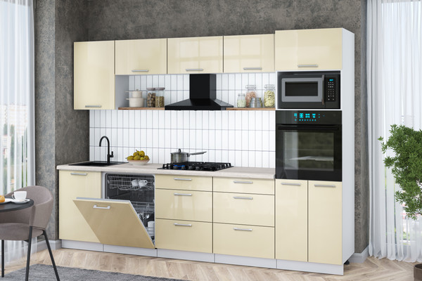 Изображение товара Кухонный гарнитур Интерлиния Мила Gloss 2.9-ПМ1 (ваниль глянец/ваниль глянец/травертин серый)