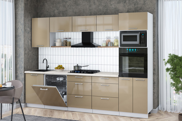 Изображение товара Кухонный гарнитур Интерлиния Мила Gloss 2.9-ПМ1 (капучино глянец/капучино глянец/бискайская сосна)