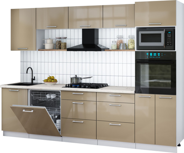 Изображение товара Кухонный гарнитур Интерлиния Мила Gloss 2.9-ПМ1 (капучино глянец/капучино глянец/бискайская сосна)