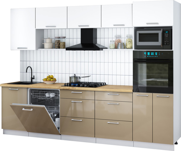 Изображение товара Кухонный гарнитур Интерлиния Мила Gloss 2.9-ПМ1 (капучино глянец/белый/дуб бунратти)