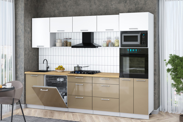 Изображение товара Кухонный гарнитур Интерлиния Мила Gloss 2.9-ПМ1 (капучино глянец/белый/дуб бунратти)