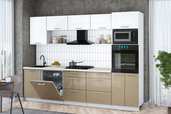 Изображение товара Кухонный гарнитур Интерлиния Мила Gloss 2.9-ПМ1 (капучино глянец/белый глянец/опал светлый)