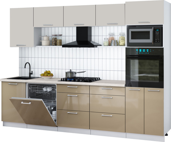 Изображение товара Кухонный гарнитур Интерлиния Мила Gloss 2.9-ПМ1 (капучино глянец/кашемир/травертин серый)