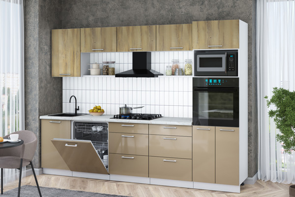 Изображение товара Кухонный гарнитур Интерлиния Мила Gloss 2.9-ПМ1 (капучино глянец/дуб вотан/серый каспий)