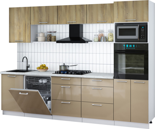 Изображение товара Кухонный гарнитур Интерлиния Мила Gloss 2.9-ПМ1 (капучино глянец/дуб вотан/серый каспий)