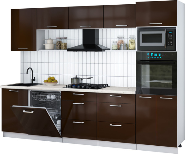 Изображение товара Кухонный гарнитур Интерлиния Мила Gloss 2.9-ПМ1 (шоколад глянец/шоколад глянец/бискайская сосна)