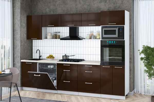 Изображение товара Кухонный гарнитур Интерлиния Мила Gloss 2.9-ПМ1 (шоколад глянец/шоколад глянец/бискайская сосна)