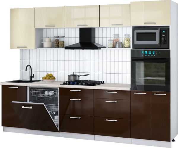 Изображение товара Кухонный гарнитур Интерлиния Мила Gloss 2.9-ПМ1 (шоколад глянец/ваниль глянец/травертин серый)