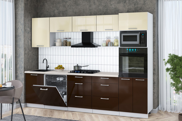 Изображение товара Кухонный гарнитур Интерлиния Мила Gloss 2.9-ПМ1 (шоколад глянец/ваниль глянец/травертин серый)