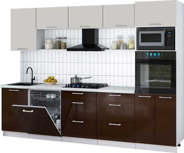 Изображение товара Кухонный гарнитур Интерлиния Мила Gloss 2.9-ПМ1 (шоколад глянец/кашемир/серый каспий)
