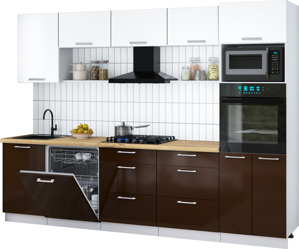 Изображение товара Кухонный гарнитур Интерлиния Мила Gloss 2.9-ПМ1 (шоколад глянец/белый/дуб бунратти)