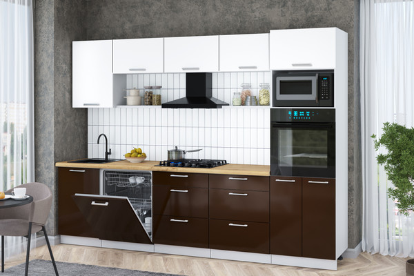 Изображение товара Кухонный гарнитур Интерлиния Мила Gloss 2.9-ПМ1 (шоколад глянец/белый/дуб бунратти)