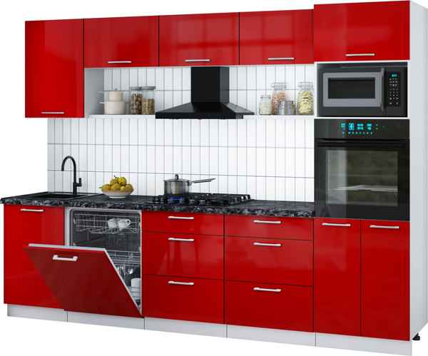 Изображение товара Кухонный гарнитур Интерлиния Мила Gloss 2.9-ПМ1 (красный глянец/красный глянец/кастилло темный)