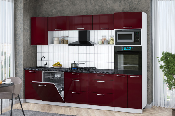 Изображение товара Кухонный гарнитур Интерлиния Мила Gloss 2.9-ПМ1 (бордовый глянец/бордовый глянец/кастилло темный)