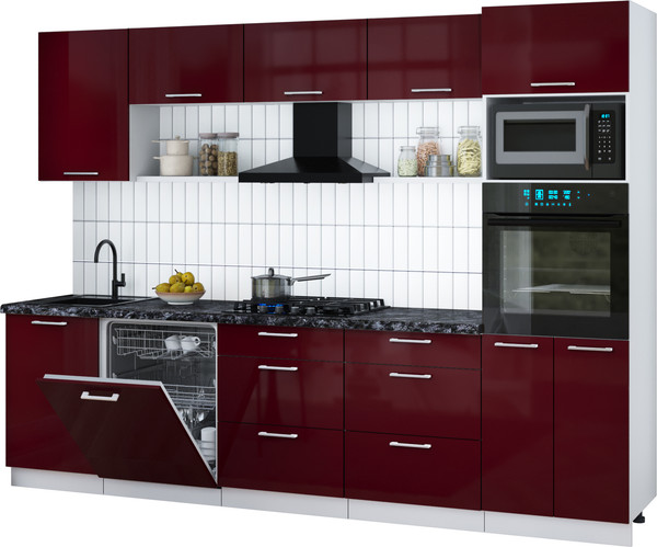 Изображение товара Кухонный гарнитур Интерлиния Мила Gloss 2.9-ПМ1 (бордовый глянец/бордовый глянец/кастилло темный)