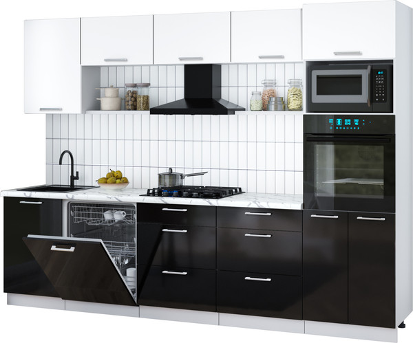 Изображение товара Кухонный гарнитур Интерлиния Мила Gloss 2.9-ПМ1 (черный глянец/белый/белый гранит)