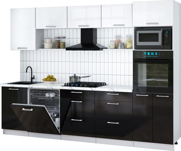 Изображение товара Кухонный гарнитур Интерлиния Мила Gloss 2.9-ПМ1 (черный глянец/белый глянец/белый гранит)