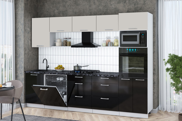 Изображение товара Кухонный гарнитур Интерлиния Мила Gloss 2.9-ПМ1 (черный глянец/кашемир/кастилло темный)