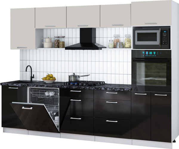 Изображение товара Кухонный гарнитур Интерлиния Мила Gloss 2.9-ПМ1 (черный глянец/кашемир/кастилло темный)
