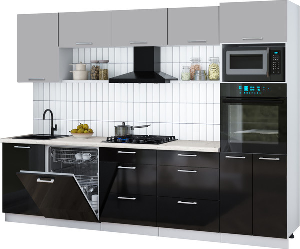 Изображение товара Кухонный гарнитур Интерлиния Мила Gloss 2.9-ПМ1 (черный глянец/грей/бискайская сосна)
