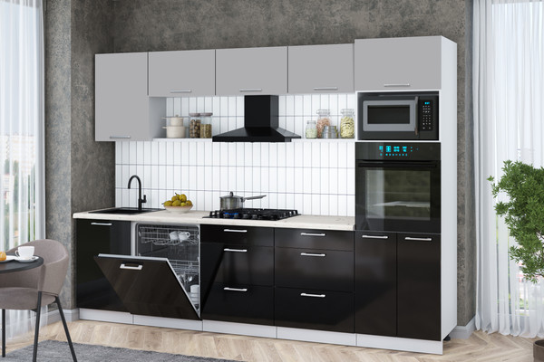 Изображение товара Кухонный гарнитур Интерлиния Мила Gloss 2.9-ПМ1 (черный глянец/грей/бискайская сосна)