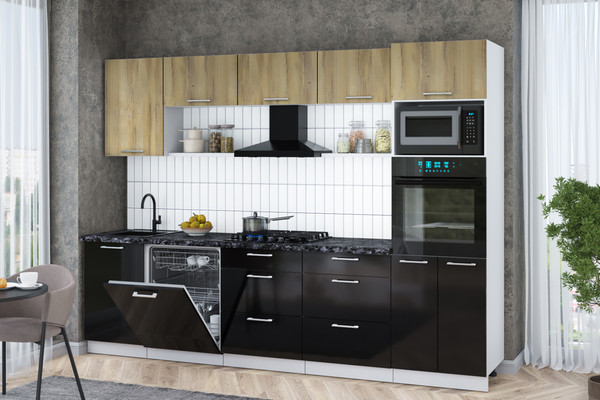 Изображение товара Кухонный гарнитур Интерлиния Мила Gloss 2.9-ПМ1 (черный глянец/дуб вотан/кастилло темный)