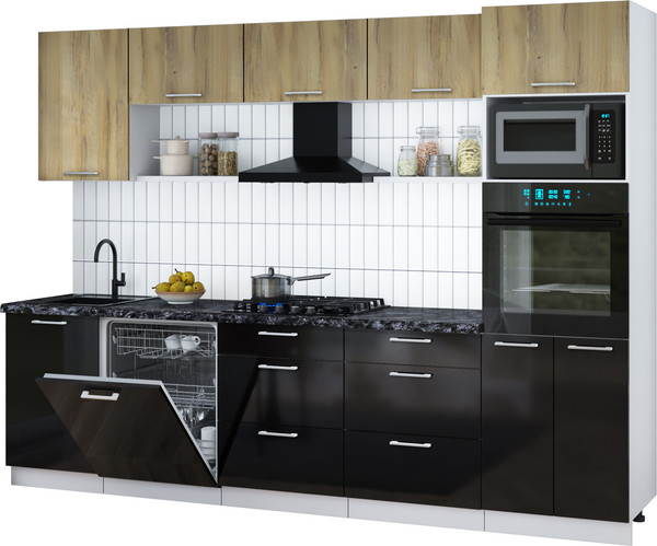 Изображение товара Кухонный гарнитур Интерлиния Мила Gloss 2.9-ПМ1 (черный глянец/дуб вотан/кастилло темный)