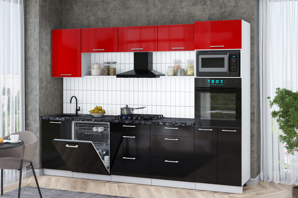 Изображение товара Кухонный гарнитур Интерлиния Мила Gloss 2.9-ПМ1 (черный глянец/красный глянец/кастилло темный)