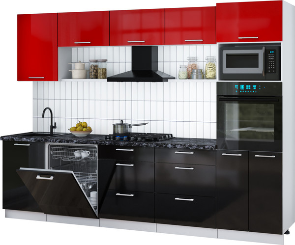 Изображение товара Кухонный гарнитур Интерлиния Мила Gloss 2.9-ПМ1 (черный глянец/красный глянец/кастилло темный)