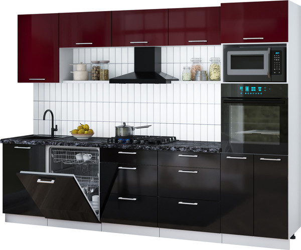 Изображение товара Кухонный гарнитур Интерлиния Мила Gloss 2.9-ПМ1 (черный глянец/бордовый глянец/кастилло темный)