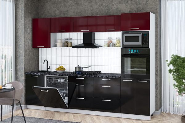 Изображение товара Кухонный гарнитур Интерлиния Мила Gloss 2.9-ПМ1 (черный глянец/бордовый глянец/кастилло темный)