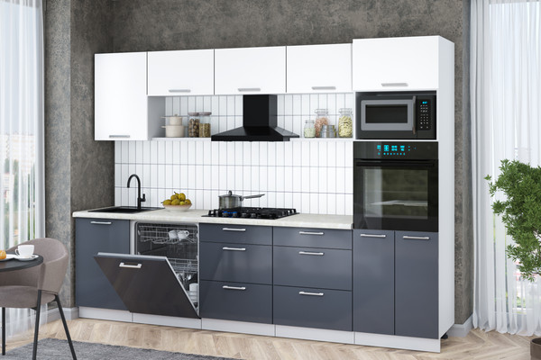 Изображение товара Кухонный гарнитур Интерлиния Мила Gloss 2.9-ПМ1 (асфальт глянец/белый/опал светлый)