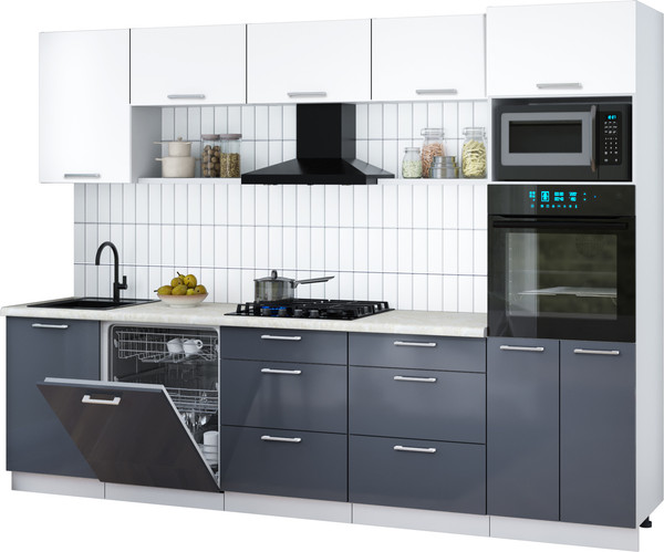 Изображение товара Кухонный гарнитур Интерлиния Мила Gloss 2.9-ПМ1 (асфальт глянец/белый/опал светлый)