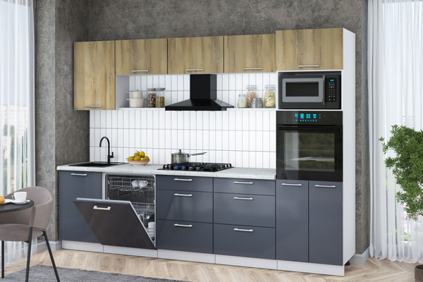 Изображение товара Кухонный гарнитур Интерлиния Мила Gloss 2.9-ПМ1 (асфальт глянец/дуб вотан/серый каспий)