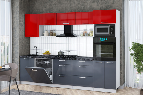 Изображение товара Кухонный гарнитур Интерлиния Мила Gloss 2.9-ПМ1 (асфальт глянец/красный глянец/кастилло темный)