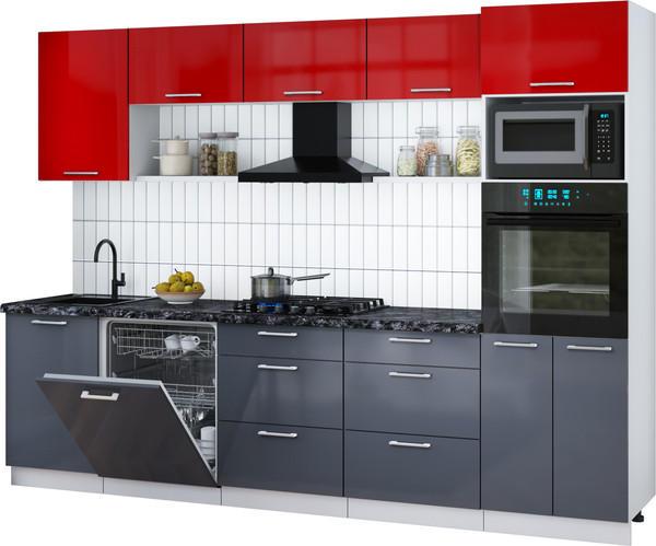 Изображение товара Кухонный гарнитур Интерлиния Мила Gloss 2.9-ПМ1 (асфальт глянец/красный глянец/кастилло темный)